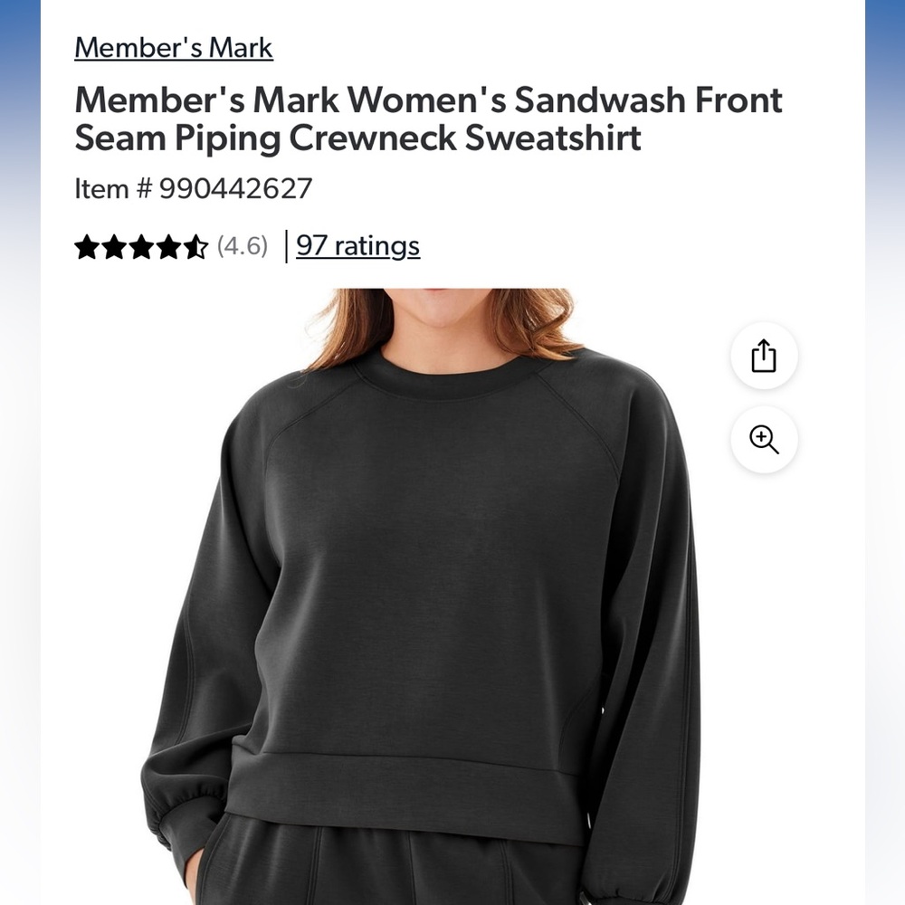 Member's Mark Sandwash Front Seam Piping Crewneck Sweatshirt - Black - Small
